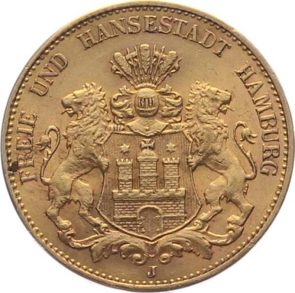 Hamburg 20 Mark 1913 J - Stadtwappen mit Schildhalter